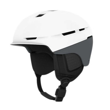 White helmet with a black strap on a white background