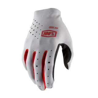 White motocross glove with red accents and '100%' logo on a white background