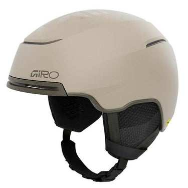 Beige helmet with black chin strap on a white background