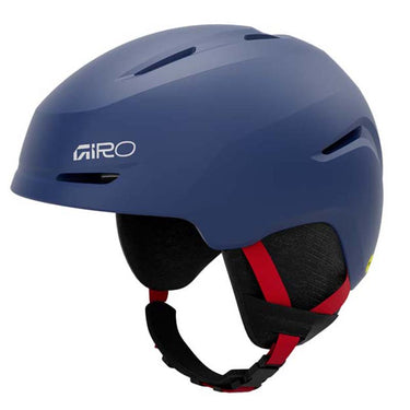 Blue Giro helmet with red straps on a white background